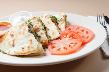 Smoked Salmon quesadillas with tomato and sauce