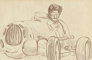 Moto racer driving old fast car - a hand drawn illustration