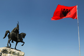 Tirana, Albania, Skanderbeg Monument and National Flag