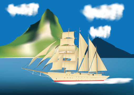 A Four Masted Sailing Ship sailing past a Tropical Island