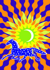 Decorative background with  a running horse and the sun