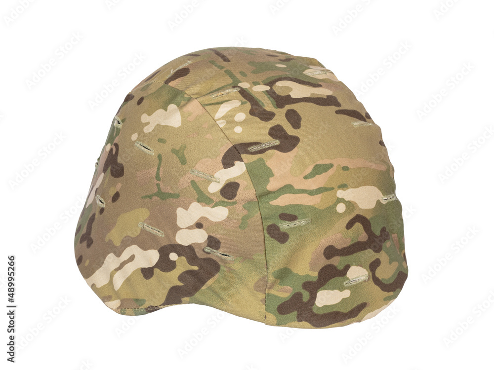 Poster kevlar helmet multicam camouflage isolated on white