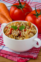 fried rice with vegetables, chicken and egg