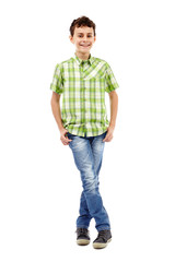 Teenager in plaid shirt, full length