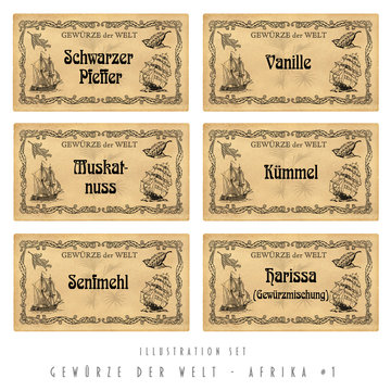 Illustration Set Gew&uuml;rz-Etiketten, Afrika #1