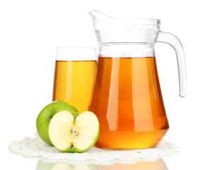 Full glass and jug of apple juice and apples isolted on white