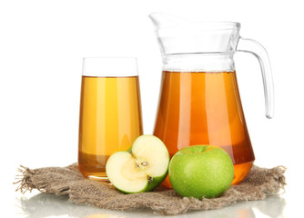 Full glass and jug of apple juice and apples isolted on white