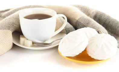 cup of tea with scarf isolated on white