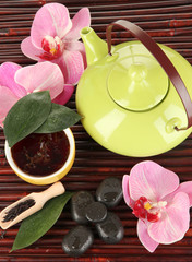 Chinese tea ceremony on bamboo table close-up