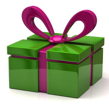 3d illustration of green gift with purple bow