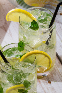 Cold lemon drink with mint leaf