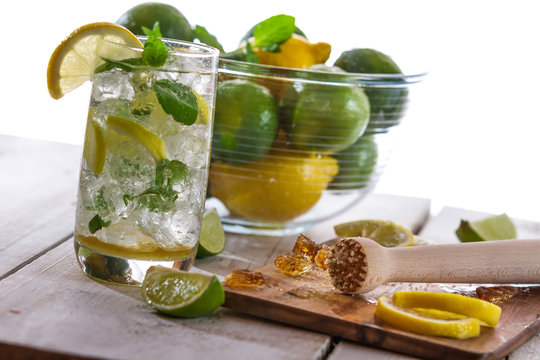 Closeup of cold drink with citrus