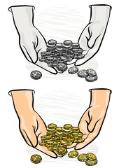 monety trzymane w dłoniach kolorowa ilustracja finansowa