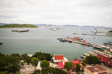 Harbor and waterfront view from above. Colorful, bright image