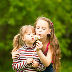 Cute 5 year old and 11 year old girls blowing dandelion.