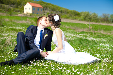couple in love bride and groom posing in their wedding day