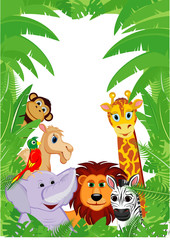 Wild animals in tropical foliage. Frame.