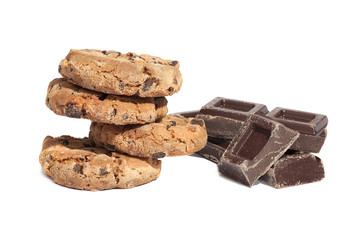 Cookies and chocolate pieces, isolated on white background