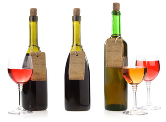wine bottle and label tag price isolated on white