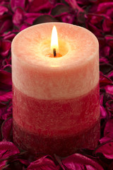 Close up to the candle on rose petals