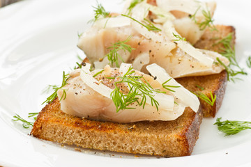 salted mackerel with grilled toast - obrazy, fototapety, plakaty