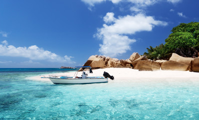 speed boat on the beach of Coco Island, Seychelles
