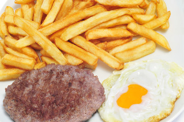 combo platter with fried egg, burger and french fries