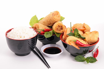 asia food, spring roll and shrimp fritter