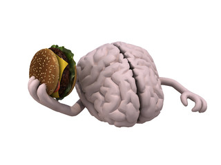 human brain with arms and a hamburger