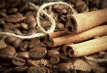 coffee beans and cinnamon sticks