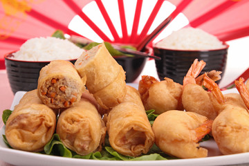 chinese food, spring roll and rice
