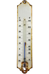 Antique rusty thermometer isolated on white