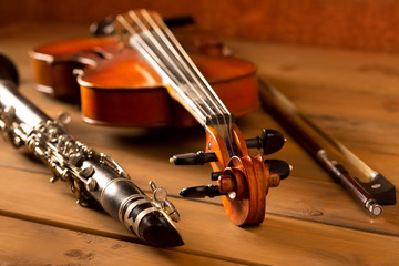 Classic music violin and clarinet in vintage wood