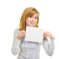Naklejka premium Young woman with brackets and white billboard