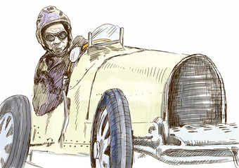 Fototapety  Kierowca jeżdżący starym szybkim samochodem - rysunek odręczny przekonwertowany na wektor