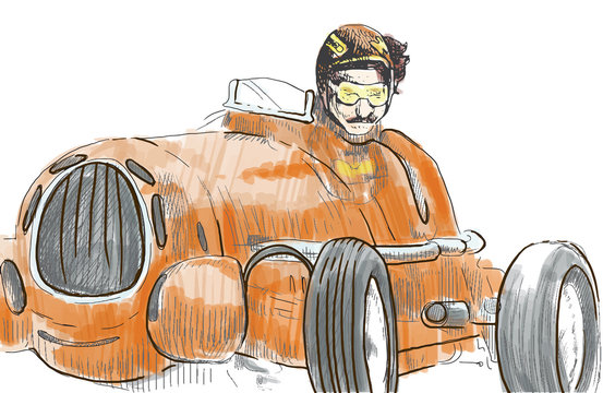 Racer driving old fast car - hand drawing converted to vector