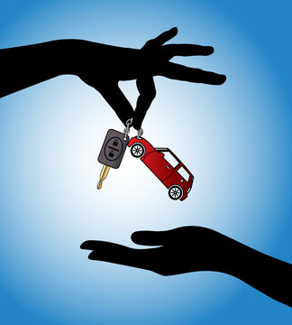 Hands exchanging car key with auto locking system and car symbol