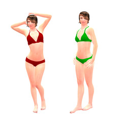 3d girls in red and green bikini