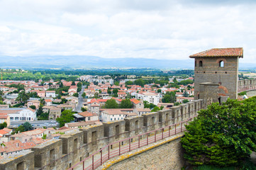 View on Carcassonne from wall of Carcassonne castle. France