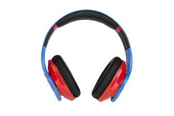Red headphones on white background