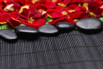 Obraz na płótnie Canvas stones with many red rose petal on mat