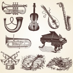 Naklejka premium Vintage Musical Instruments vector illustrations, pack