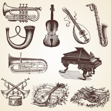 Vintage Musical Instruments vector illustrations, pack