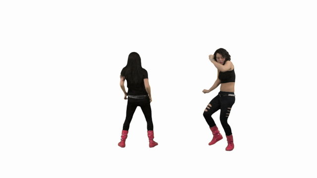 Two women are dancing. White background.