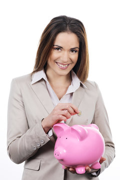 woman with piggy bank and money