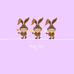 3 Bunnies Holding Spring Flowers Purple