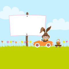 Obraz premium Bunny In Meadow Driving Car Easter Basket Label