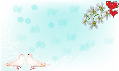dove couple and red heart on light blue background
