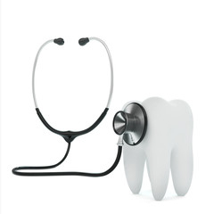Isolated stethoscope examing tooth on white background