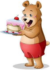Jeune ours tenant un gâteau